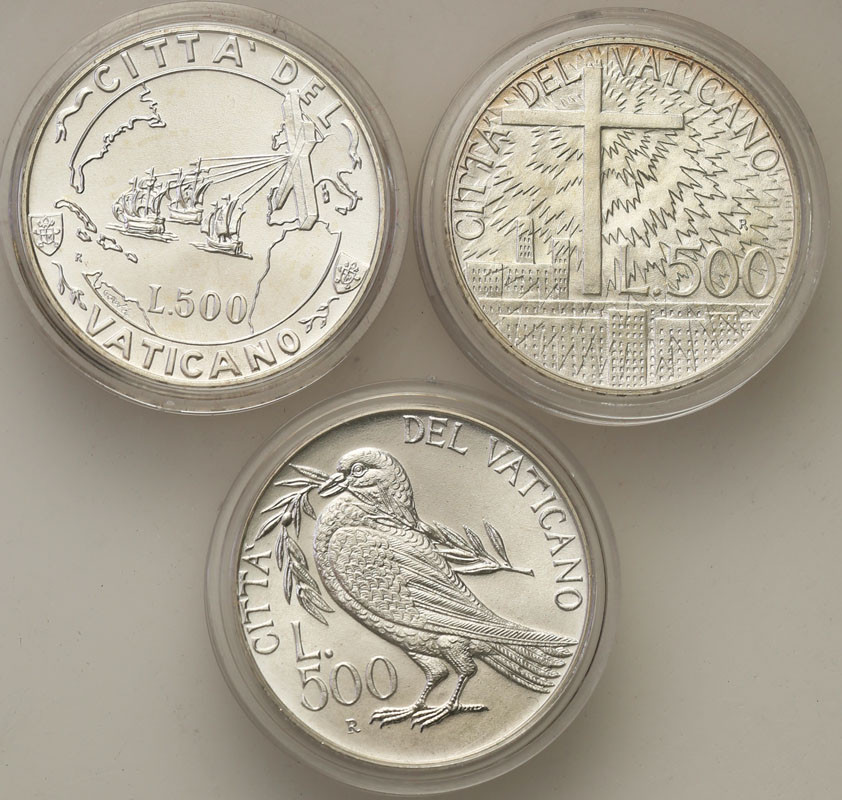 Watykan. 500 lirów 1991-1993 - Jan Paweł II, zestaw 3 monet